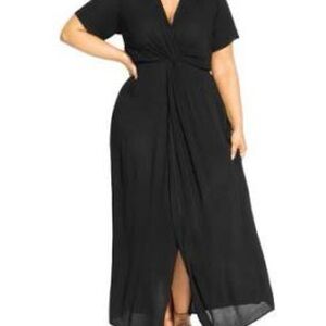 City Chic Maxi Knot Front Dress Black Sz 16 Plus Size Short Sleeve Flowy Boho